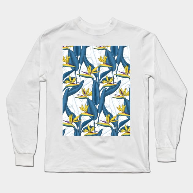 Bird of paradise flowers on white Long Sleeve T-Shirt by katerinamk